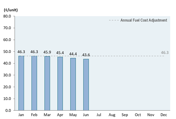 Bar chart showing the monthly fuel cost adjustment in 2025 as compared to the annual fuel cost adjustment of 46.3 cents/unit.